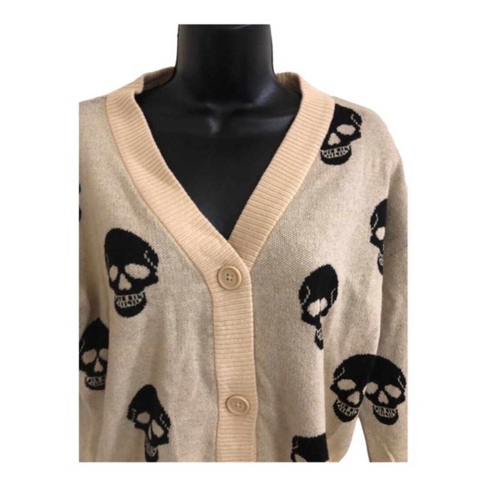 Cream skull print button front v-neck grandpa style cardigan size Medium new - Picture 6 of 11